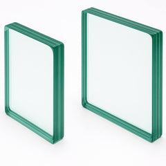 Two sample pieces of laminated glass on a white background.