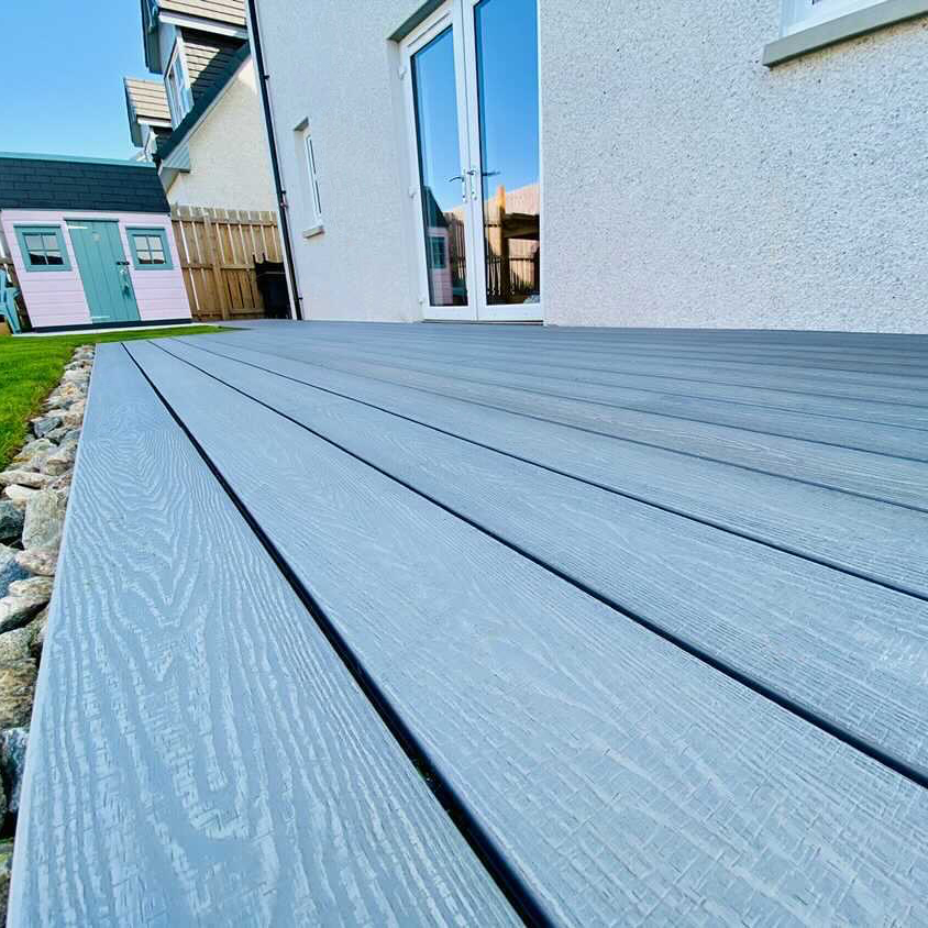 close up of the enhanced range silver ash composite decking