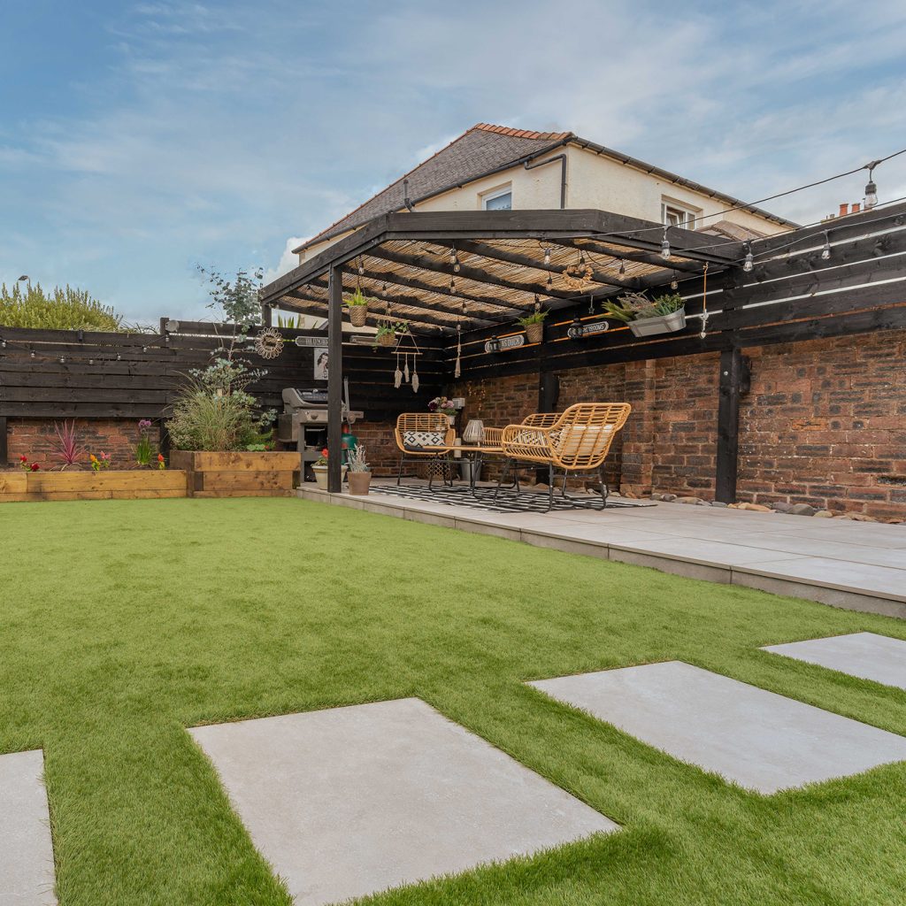 Thick faux lawn in a family home