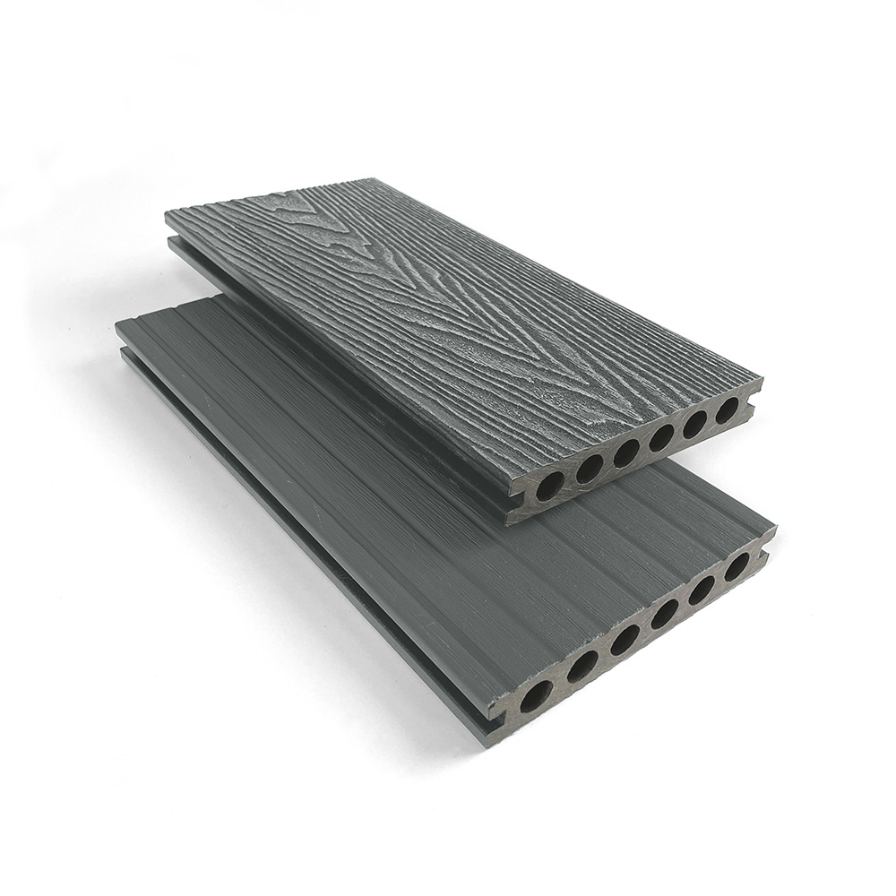 grey capped decking board with woodgrain embossed design