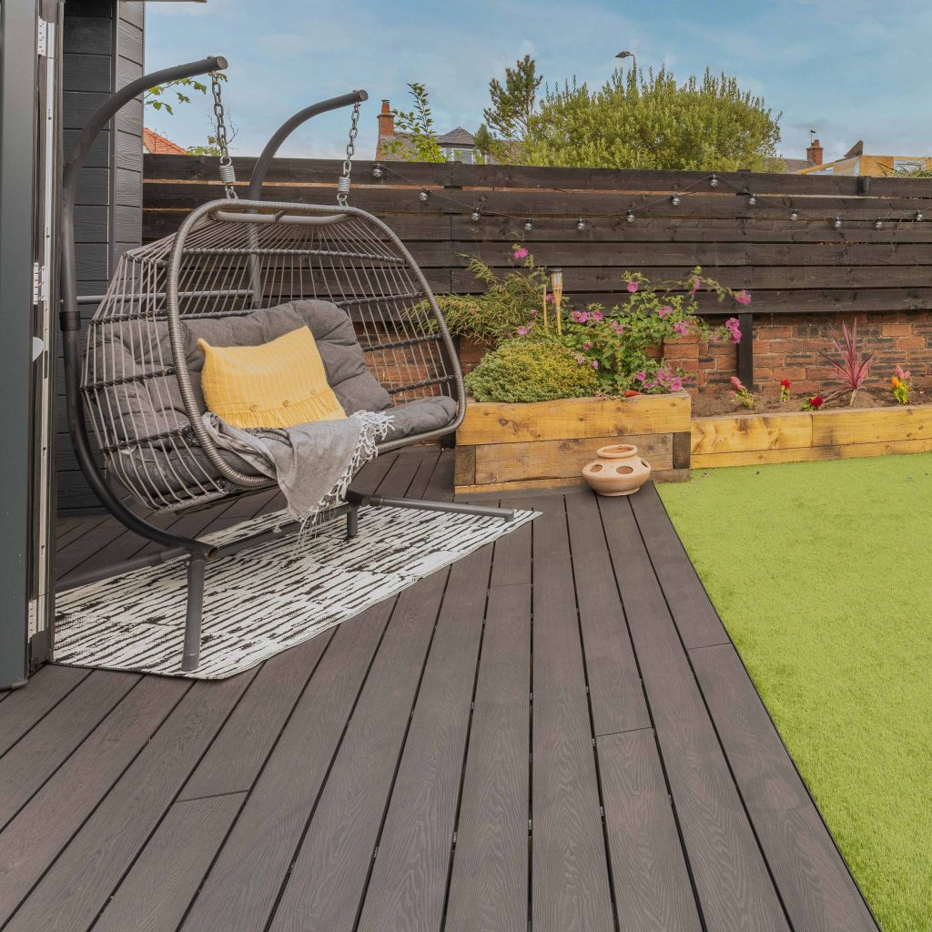 black composite decking with a woodgrain design. 