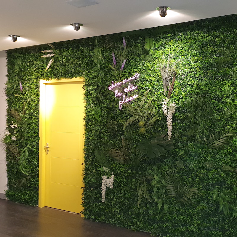 fire retardant artificial foliage hedge tiles used in a salon