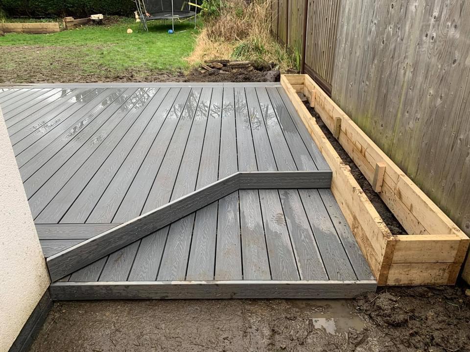 silver ash grey composite decking boards used for a small garden decking space