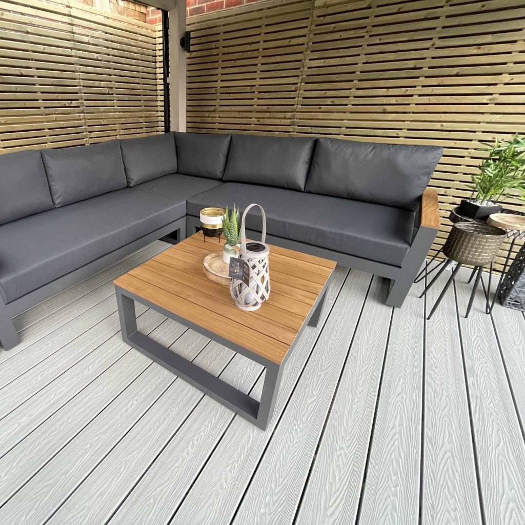 the ash white composite decking board in a decked garden area