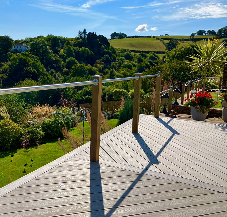 composite decking inspiration featuring oyster beige colour in a herringbone design