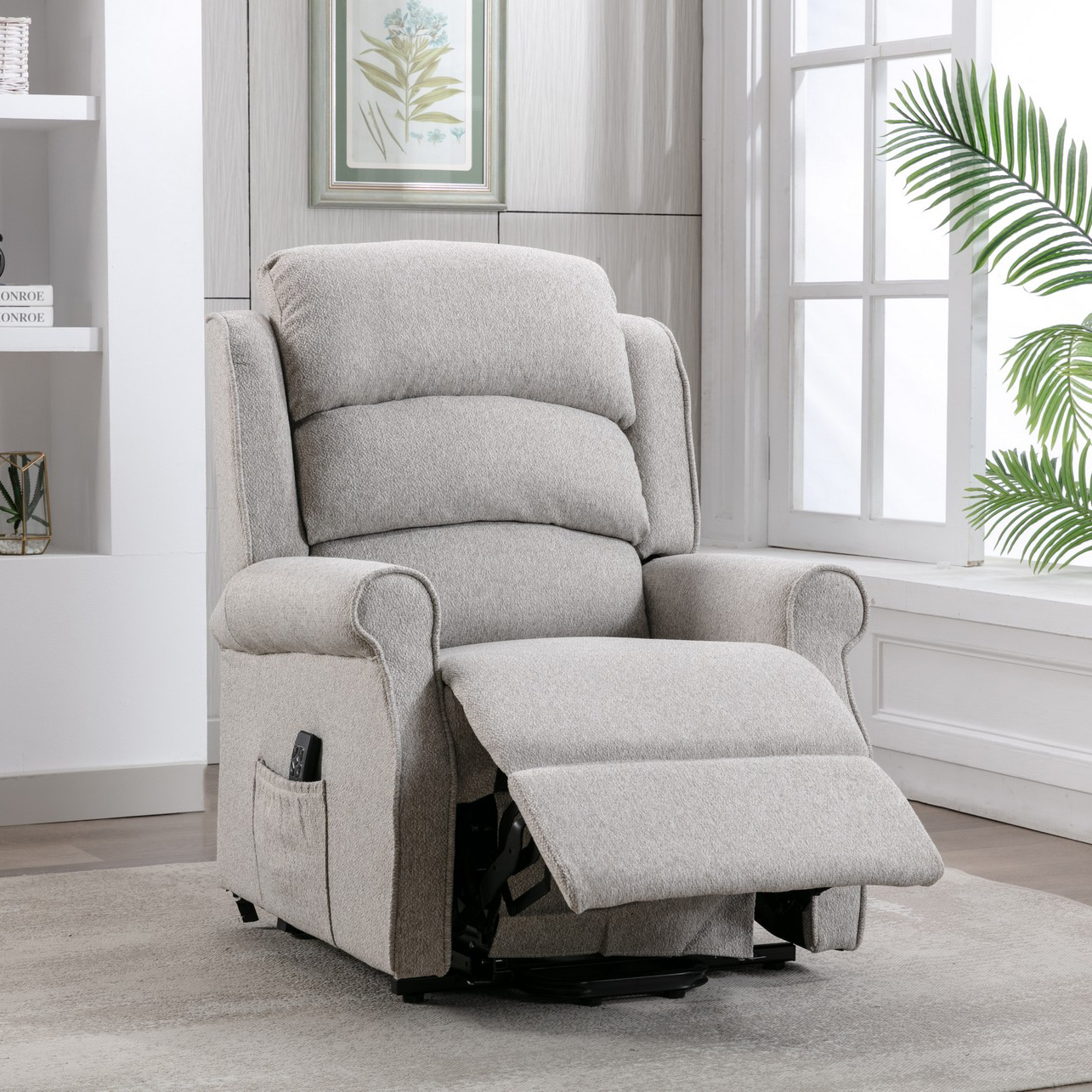 the Andover riser recliner chair in linen colour soft fabric