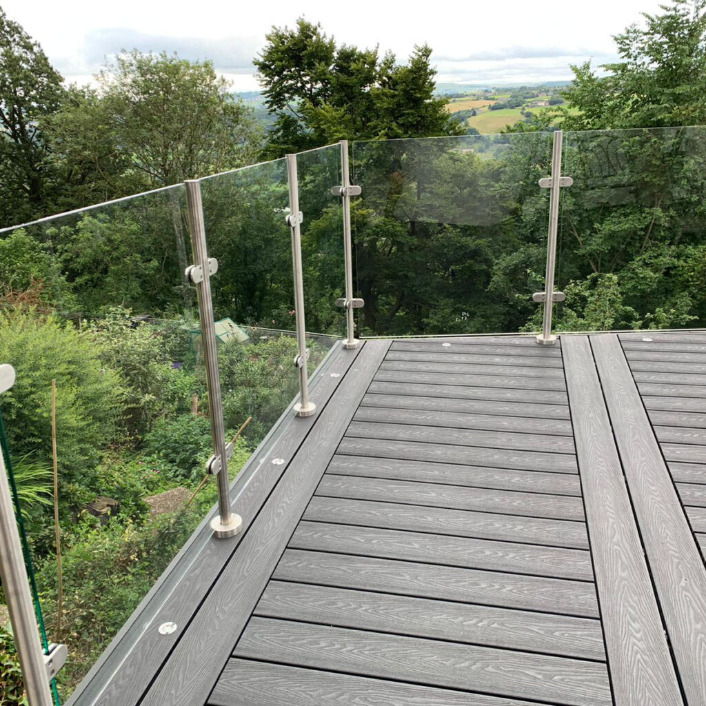 semi-frameless glass railings on a composite decking platform